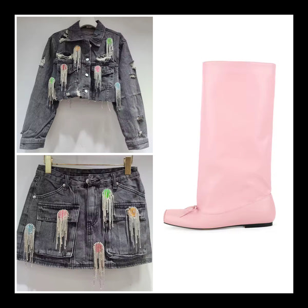 Women Color Crystal Rhinestone Tassel Denim Two Piece Skirt Set