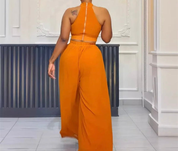 Women Solid Color Sleeveless Crop Two Piece Wide Leg Pant Set