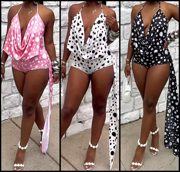 Women Sexy Halter Sleeveless Tassel Polka Dot Two Piece Short Set