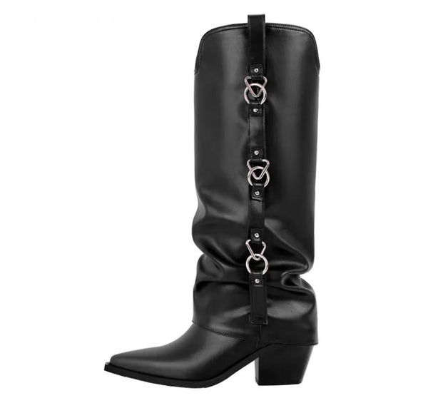Women Black Faux Leather Metal Ring Fashion Western Boots