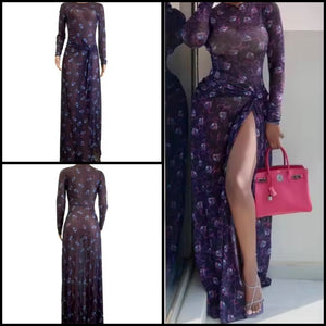 Women Sexy Purple Printed Full Sleeve Side Split Maxi Dress