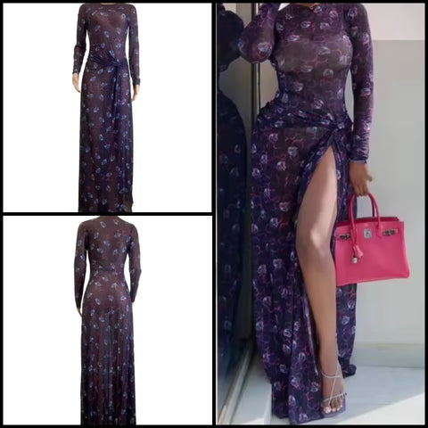Women Sexy Purple Printed Full Sleeve Side Split Maxi Dress