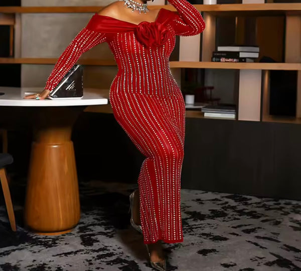 Women Sexy Off The Shoulder Full Sleeve Rhinestone Maxi Dress