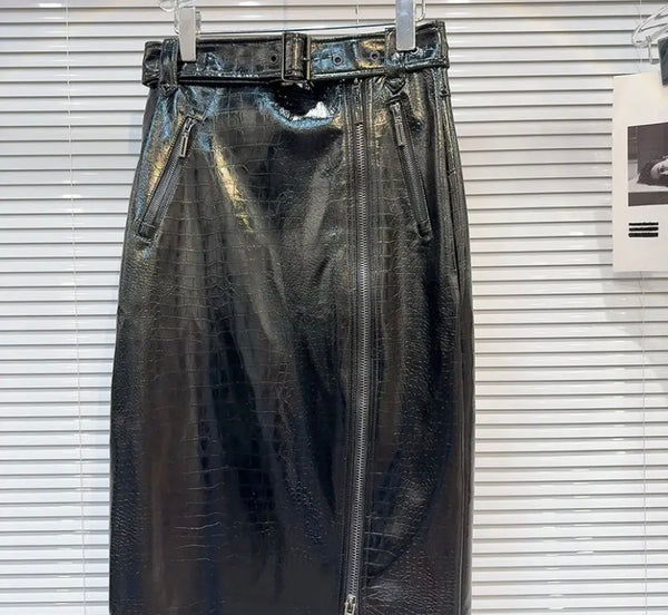 Women Black Front Zipper Belted Faux Leather Maxi Skirt