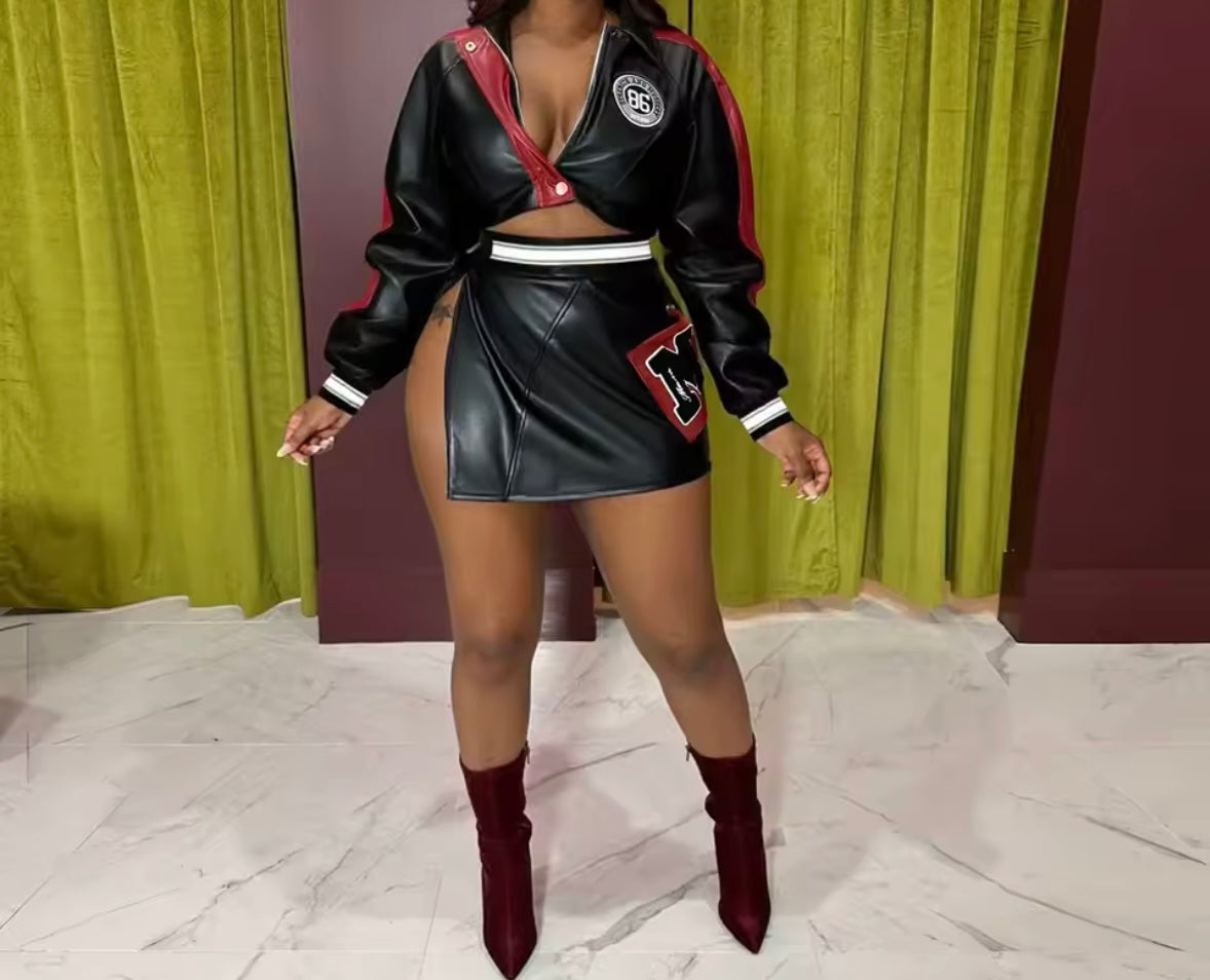 Women Color Patchwork Printed Faux Leather Two Piece Skirt Set