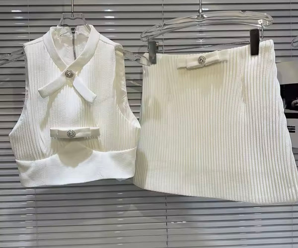 Women Button Bow Sleeveless Ribbed Sexy Two Piece Skirt Set