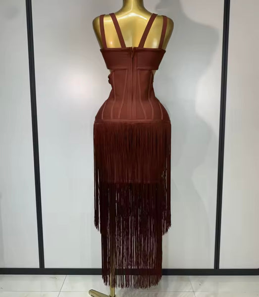 Women Sexy Sleeveless Fringe Tassel Cut Out Maxi Dress