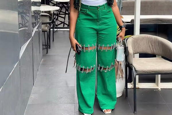 Women Green Cut Out Chain Fashion Denim Pants