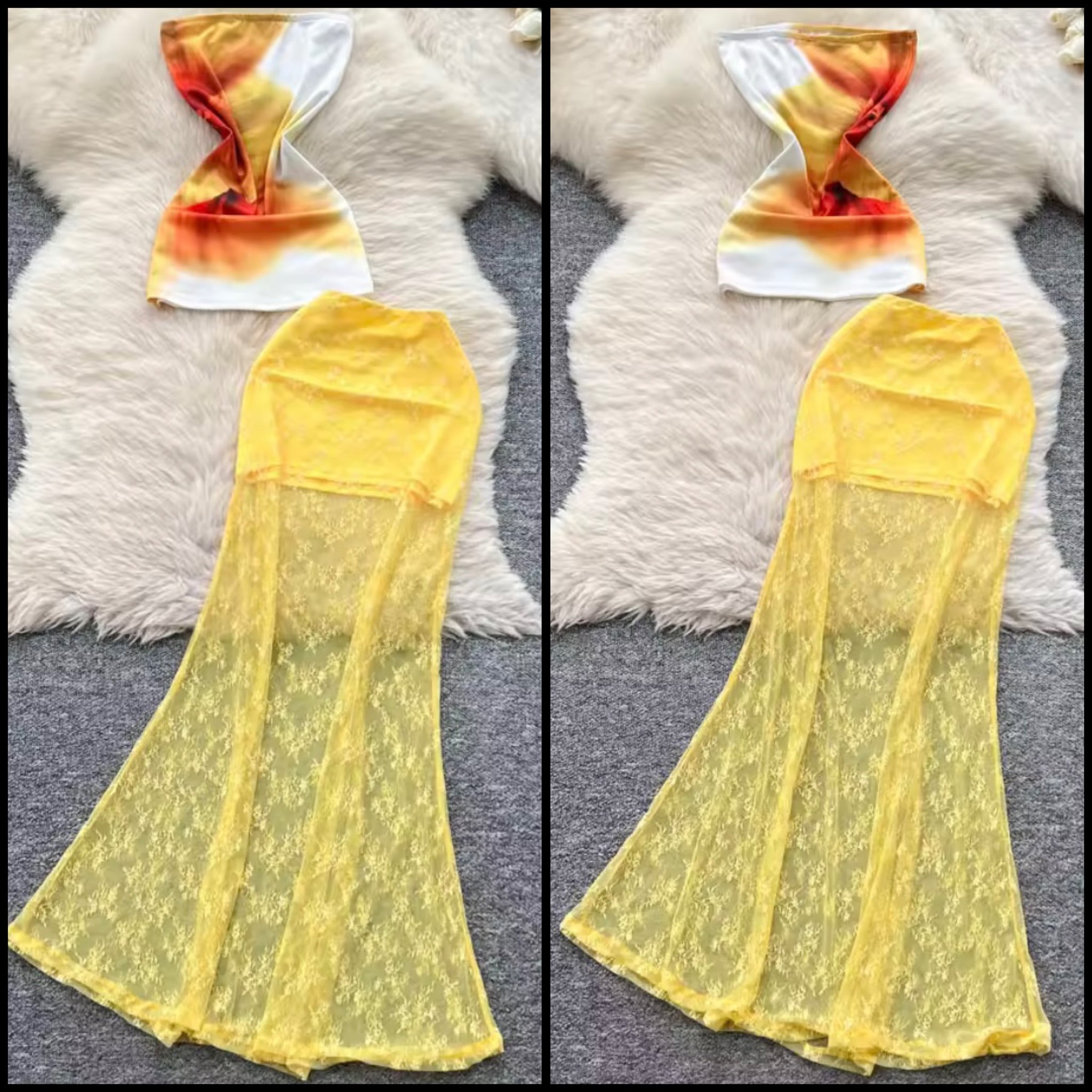 Women Sexy Printed Strapless Yellow Two Piece Lace Maxi Skirt Set
