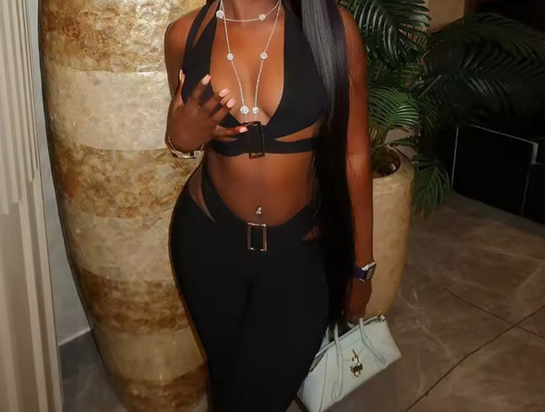 Women Black Halter Sleeveless Sexy Cut Out Two Piece Pant Set