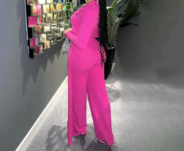 Women Sexy Pink Full Sleeve Zip Up Asymmetrical Two Piece Pant Set