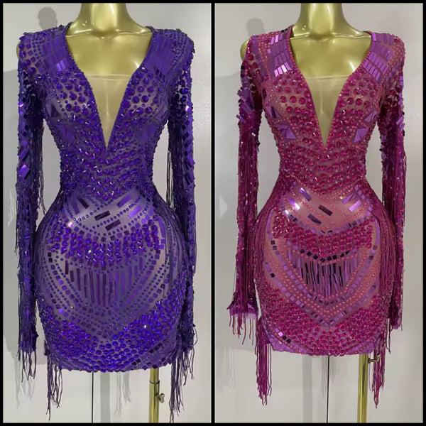 Women Sexy Crystal Mirror Mesh Full Sleeve Tassel Dress