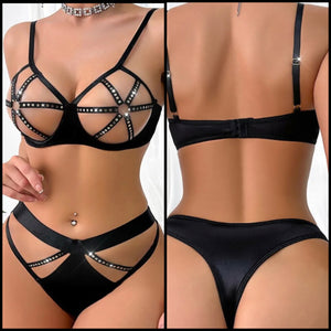 Women Sexy Black Sequins Cut Out Lingerie Set