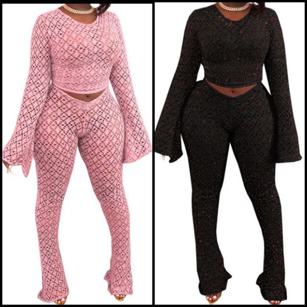 Women Sexy Solid Color Full Sleeve Two Piece Pant Set