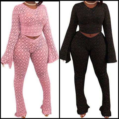 Women Sexy Solid Color Full Sleeve Two Piece Pant Set