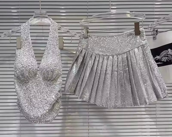 Women Sexy Sequins Halter Sleeveless Two Piece Pleated Skirt Set
