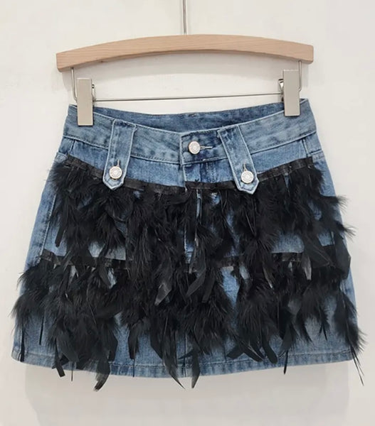 Women Fashion Feather Patchwork Denim Skirt