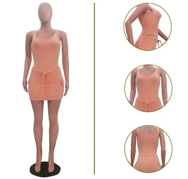 Women Sexy Sleeveless Ribbed Bodysuit Two Piece Skirt Set