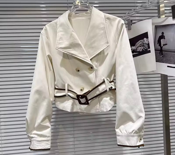 Women Fashion Button Belted Blazer Two Piece Skirt Set