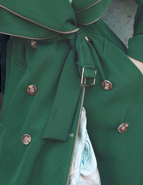 Women Green Button Up Fashion Trench Jacket