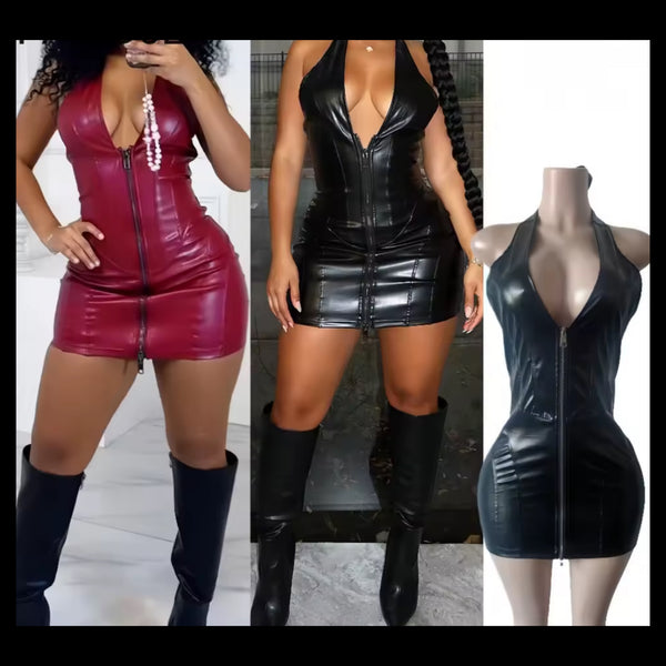 Women Sleeveless Front Zipper Faux Leather Sexy Dress