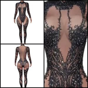 Women Sexy Full Sleeve Rhinestone Mesh Patchwork Jumpsuit