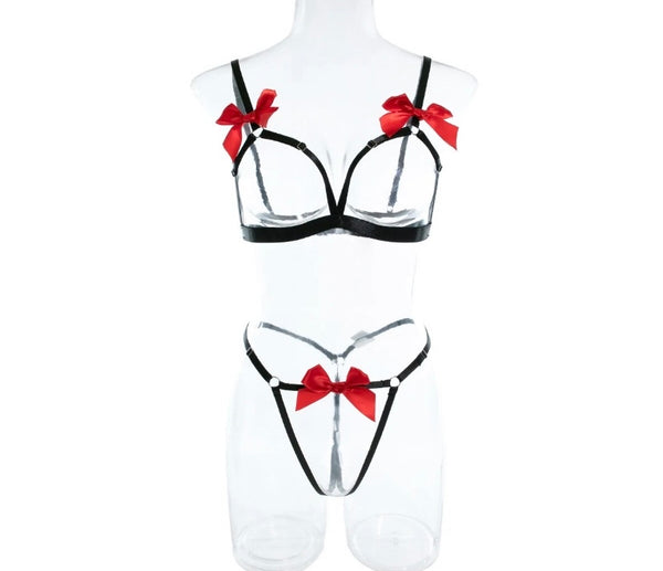 Women Sexy Bow Cut Out G-String Lingerie Set