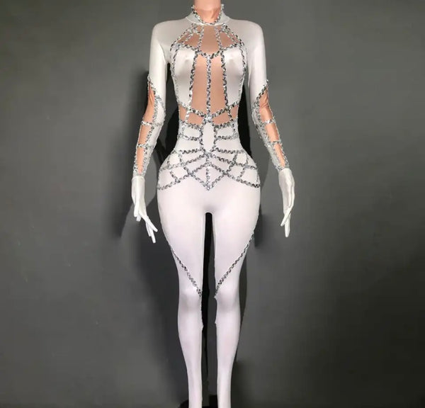 Women White Sexy Bling Patchwork Full Sleeve Glove Jumpsuit