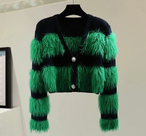 Women Fashion Button Up Color Patchwork Faux Fur Sweater Top