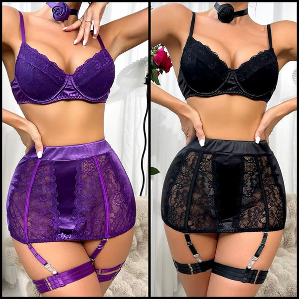 Women Sexy Color Rose Choker Lace Patchwork Lingerie Set