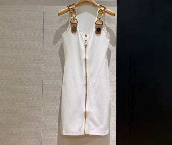 Women Fashion Gold Buckled Sleeveless Zip Up Dress