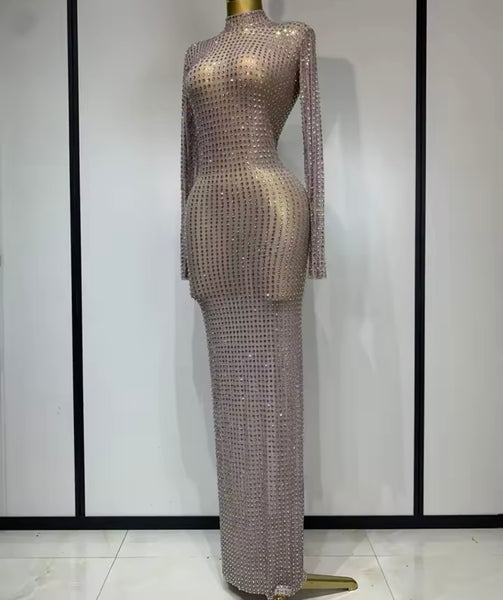 Women Sexy See Through Mesh Bling Full Sleeve Maxi Dress