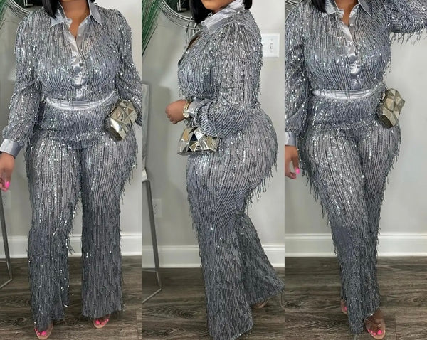Women Sexy Fashion Button Up Sequins Mesh Two Piece Pant Set