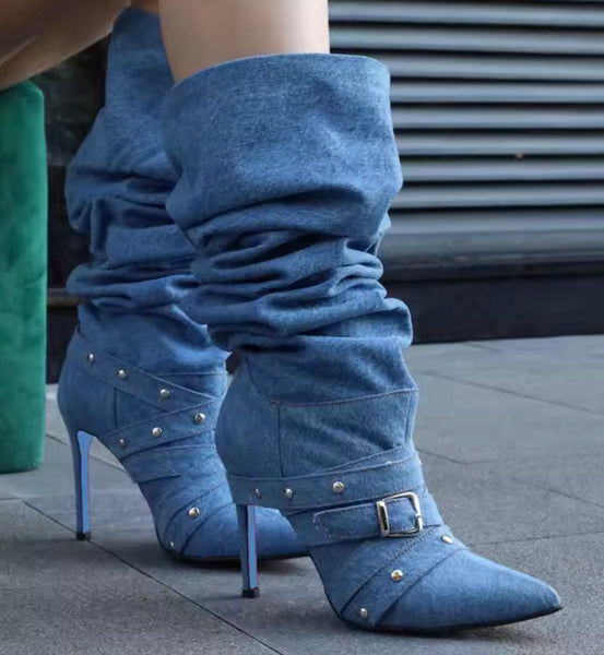 Women Fashion Denim Rivet Buckled High Heel Knee Length Boots