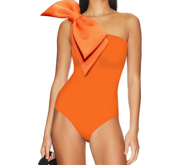 Women Sexy Orange Bow One Shoulder Swimsuit Cover Up Set