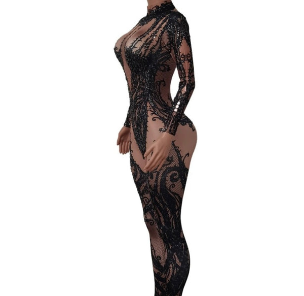 Women Sexy Full Sleeve Rhinestone Mesh Patchwork Jumpsuit