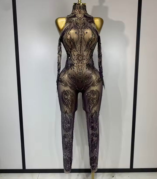 Women Color Rhinestone Mesh Full Sleeve Jumpsuit