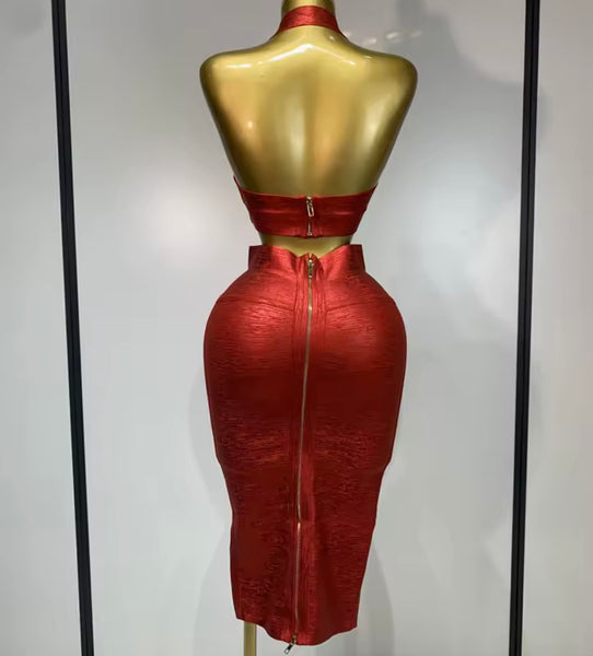 Women Red Halter Sleeveless Crop Sexy Two Piece Skirt Set