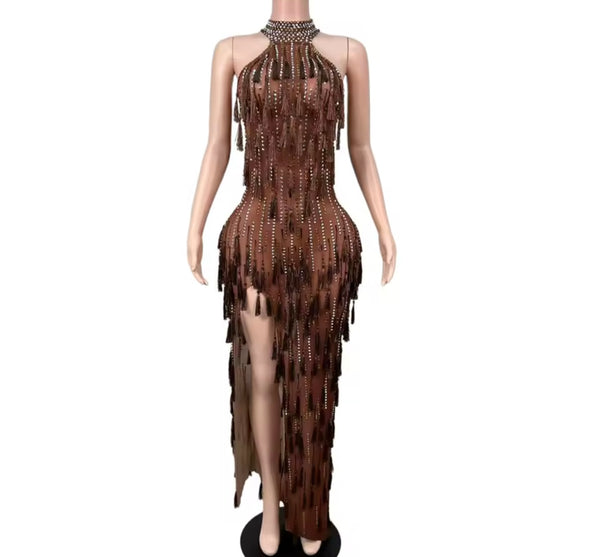 Women Sexy Brown Rhinestone Tassel Mesh Maxi Dress