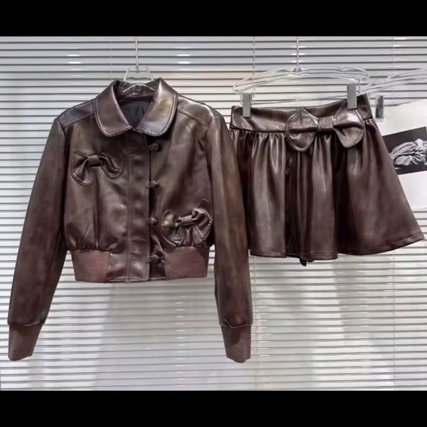 Women Fashion Brown Bow Faux Leather Jacket Two Piece Skirt Set