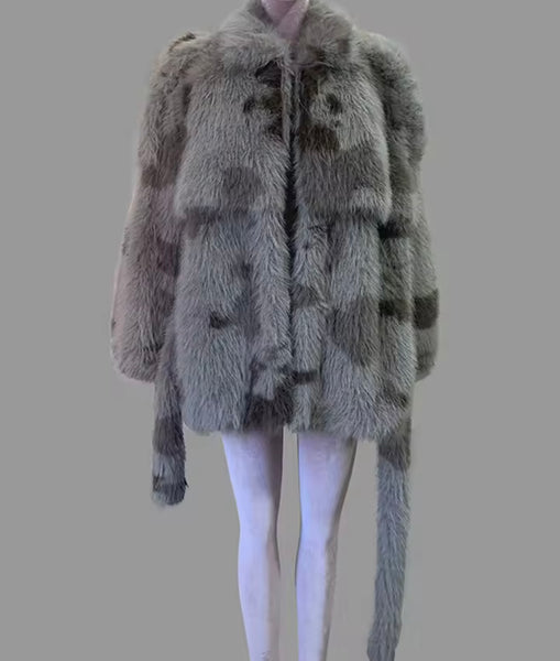 Women Fashion Gray Camouflage Faux Fur Jacket