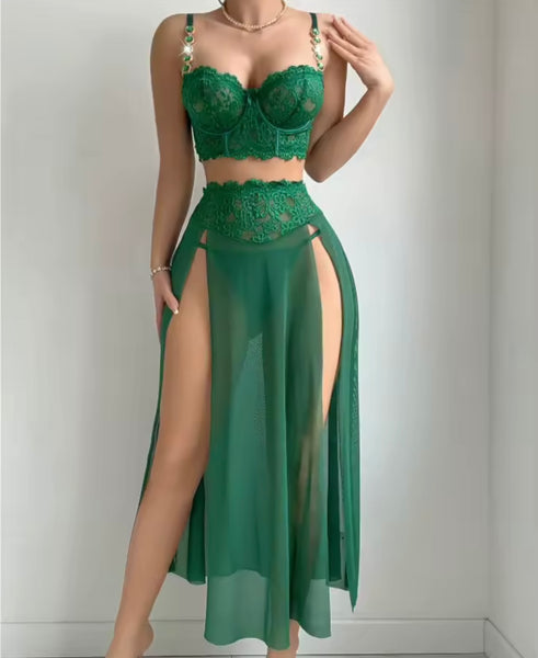 Women Sexy Bling Heart Lace Sleeveless Mesh Lingerie Set
