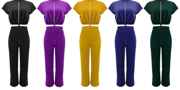 Women Fashion Zip Up Short Sleeve Fashion Two Piece Pant Set
