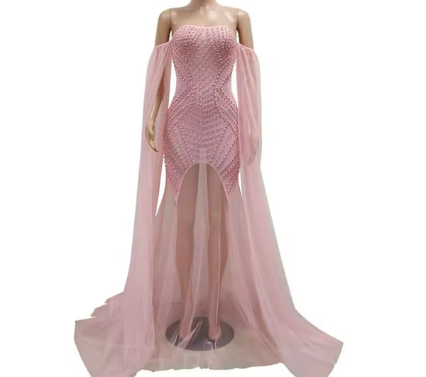 Women Sexy Strapless Beaded Mesh Maxi Dress