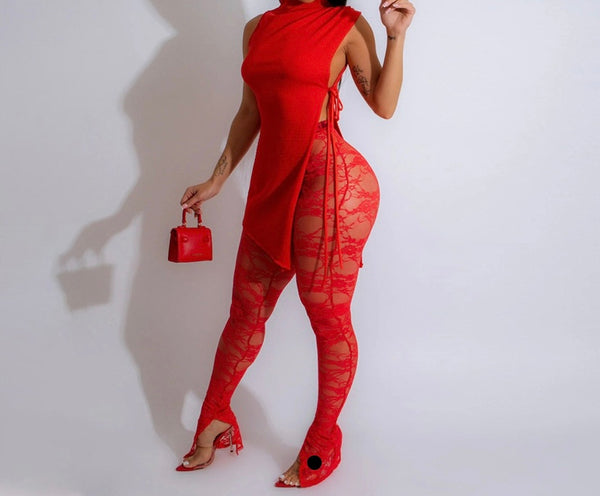 Women Sexy Sleeveless Solid Color Two Piece Lace Pant Set