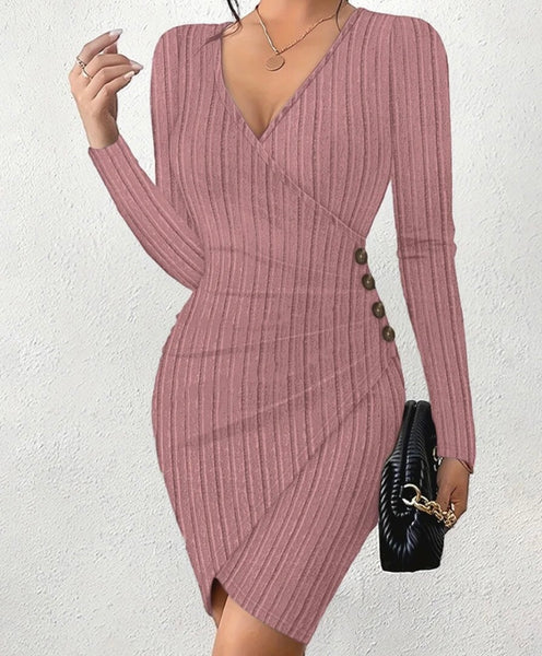 Women Sexy V-Neck Ribbed Button Full Sleeve Dress