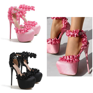 Women Fashion Ruffled Platform Ankle Strap High Heels