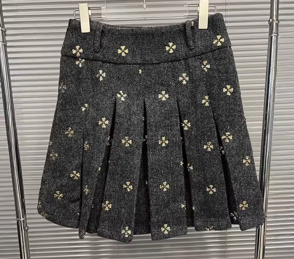 Women Gray Sequins Print Black Fashion Three Piece Pleated Skirt Set