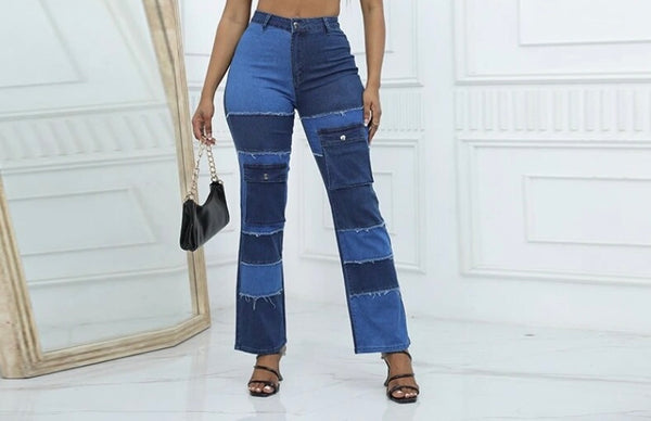 Women Color Patchwork Pocket Fashion Denim Pants