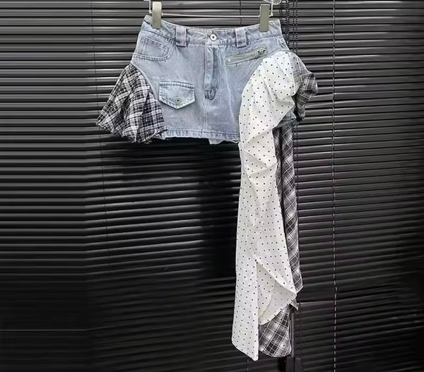 Women Fashion Polka Dot Plaid Denim Skirt